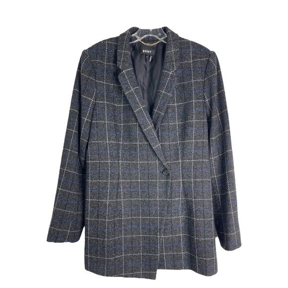 NEW DKNY black white blue plaid button long office preppy blazer jacket 12 - Picture 1 of 8